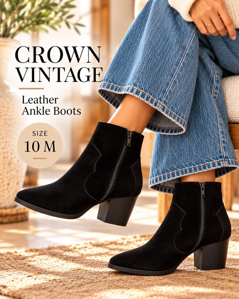 Crown Vintage Black Leather Ankle Boots Size 10M Block Heel Western Booties